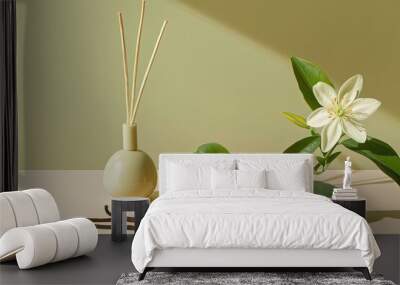 beige and green beauty product of Neroli flower, bergamot fruit, vanilla sticks Wall mural