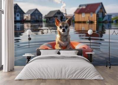 chihuahua dog sits on life preserver in water, houses in water Wall mural