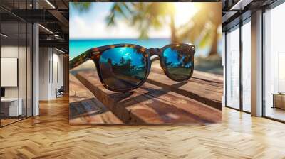 Close-up of sunglasses placed on a wooden table, sea sand beach background Wall mural