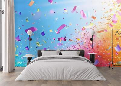 Colorful confetti resembling liquid art paint falling against a blue sky Wall mural