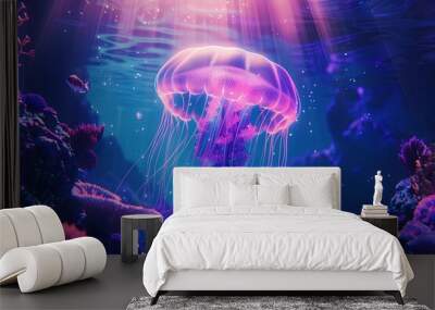 giant neon jellyfish under water, deep sea with neon corals Wall mural