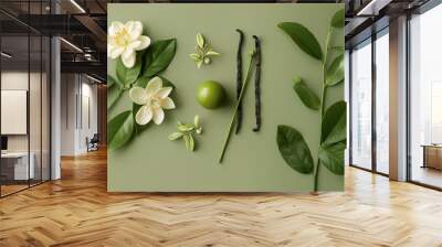 green beauty product photoshoot of Neroli flower,  bergamot fruit, vanilla sticks, banner Wall mural