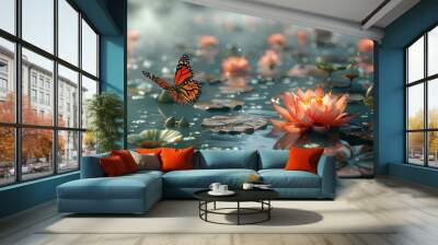 heyun,(overlook:1.2),(transparency:1.4),floating on water,lotus pond,lotus leaves with butterfly Wall mural