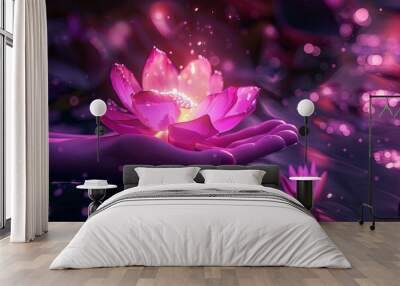 Person holding a glowing purple lotus flower, with delicate pink petals Wall mural