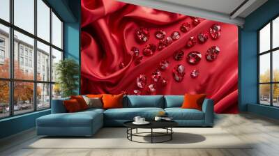 Sparkling rubies scattered on red satin fabric background. Red background with ruby gemstones, top view. Luxury concept Wall mural