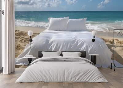 Tencel bed sheets, large bed, flat beach in sea Wall mural