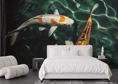 Two koi fish swimming gracefully in a shimmering pond Wall mural