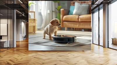 washing robot vacuum cleaner cleans a room with a cozy modern interior near puppy  Wall mural