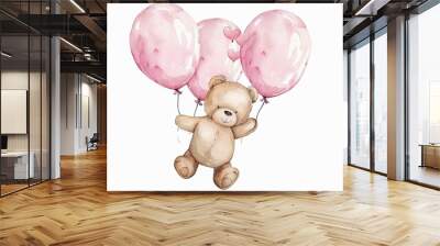 watercolor clipart cute nursery teddy bear with pink balloons Wall mural