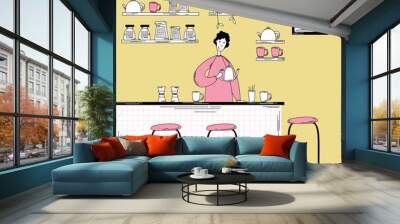 The man is cooking in the kitchen. Barista. Kitchen interior Coffee shop interior. Flat cartoon doodle vector Wall mural