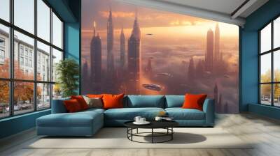 A futuristic city in the clouds, where flying vehicles glide between towering skyscrapers, all lit by the soft glow of the sun Wall mural