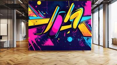 A pop art-style design with bright neon typography and bold graphic elements from 80s pop culture Wall mural