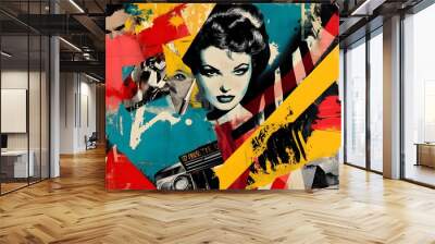 A retro collage of old movie posters, pop art elements, and bold colors creating a dynamic visual Wall mural