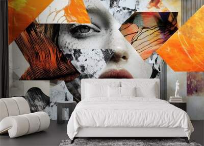 A surreal collage of human faces mixed with abstract geometric shapes and vibrant textures Wall mural