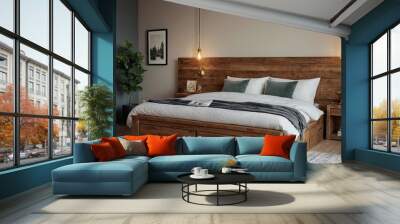 A bedroom with a bed a blue blanket and a blue blanket 2 Wall mural