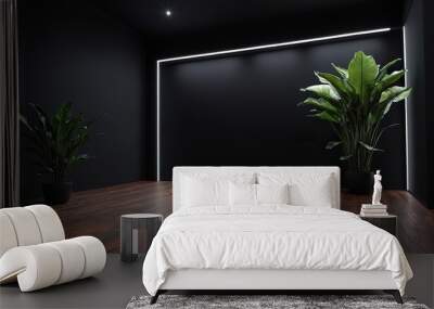 a dark room with plants and a black background wall mockup Wall mural