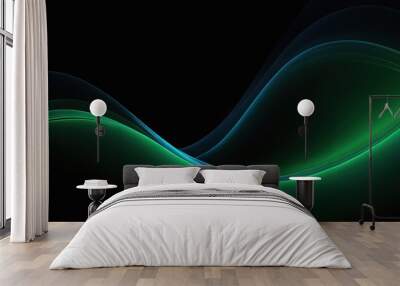 abstract vector wave lines flowing dynamic in blue green colors isolated on black background Wall mural