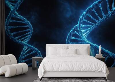 Advancements in futuristic genetic research Glowing blue DNA double helix Concept Futuristic Genetics DNA SciFi Biotech Innovations Blue Double Helix Genetic Engineering Wall mural