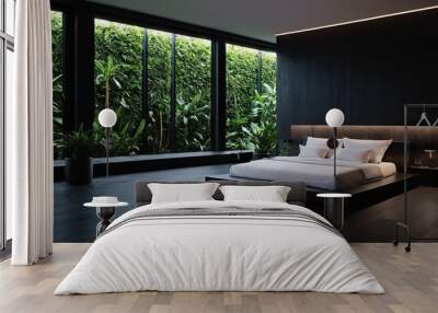 bedroom interior with dark black and grey style. black headboard and wooden floor with glass window. Wall mural