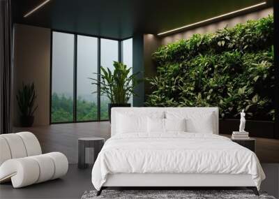 Black background empty room with plants on a floor Wall mural