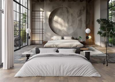 Cozy spacious bedroom in light muted colors with light wood furniture live plants design Wall mural