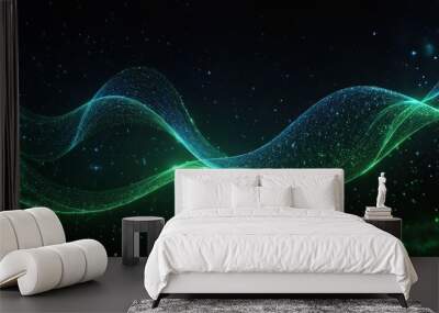 Digital blue and green particles wave and light abstract background with shining dots stars 156 Wall mural