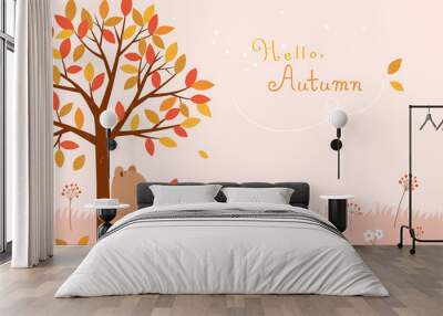 Autumn tree with cute bear.Autumn background Wall mural