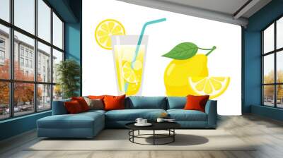 Glass of lemonade juice with straw,lemon slice and fresh lemon fruit Wall mural