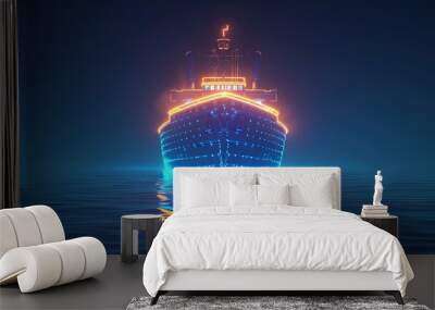 A neon glowing ship illuminated with blue and orange lights, reflecting on the calm ocean water at night, creating a futuristic and serene scene.
 Wall mural