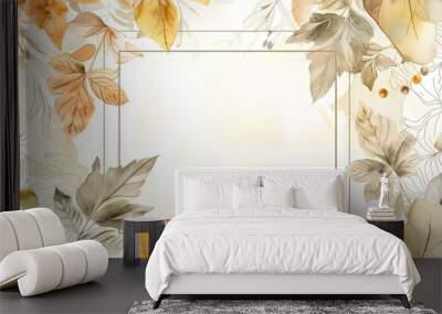 A white frame on a light background surrounded by pastel-colored leaves and flowers, creating a soft, artistic, and decorative design.
 Wall mural