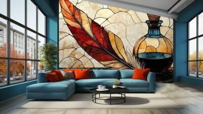 Intricate stained glass design featuring a red feather beside a decorative bottle, set against a textured mosaic background with vibrant colors.
 Wall mural