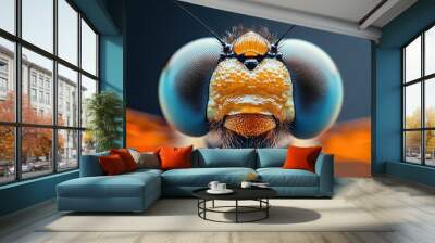 A close up of a bug's face with a blue eye and orange markings Wall mural