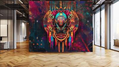 A colorful painting of a face with a sword and a golden circle Wall mural