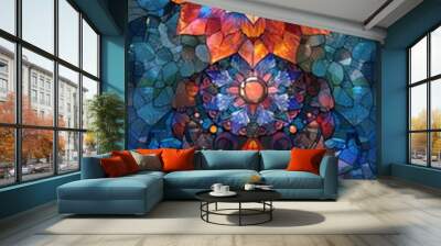 A colorful stained glass flower with a yellow center and red petals Wall mural