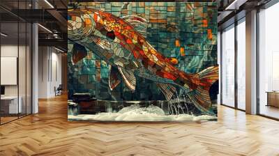 A fish is swimming in a stream with a mosaic background Wall mural