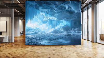 A frozen cave with ice formations and a river of ice Wall mural