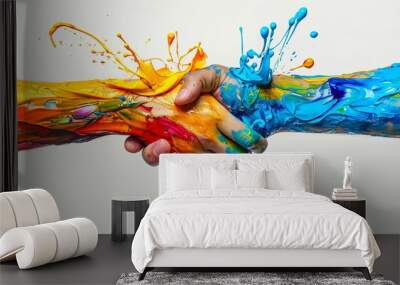 a hand is shaking another hand in a colorful splash of paint. concept of unity and collaboration, as Wall mural