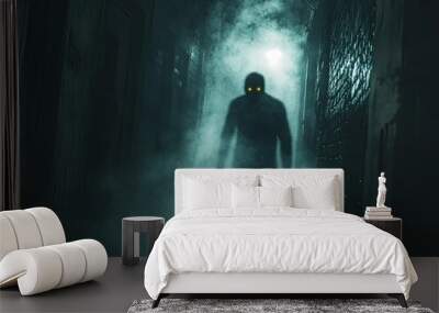 A man in a creepy costume walks through a foggy, dark hallway Wall mural