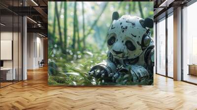 A robot panda is sitting in the grass Wall mural