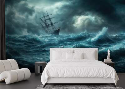 A stormy sea of emotions, with towering waves of anger and deep troughs of sorrow, navigated by a lone ship of resilience. Wall mural