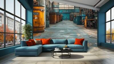 A vintage chemical plant, old machinery hums alongside rows of metal chemical barrels. Wall mural