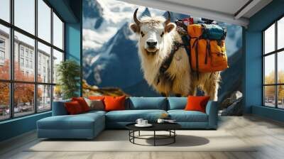 A white yak with a red backpack on its back Wall mural