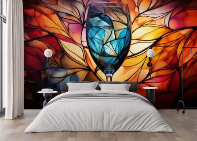 Abstract background with leaves on wine glass. Wall mural