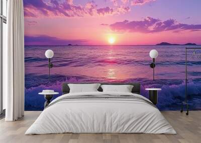 Beach, sea water, pink and purple sky, sunrise, calm and vast ocean, distant islands, sandy beach, gentle waves crashing on the shore. Wall mural