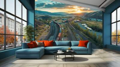 Cargo train with colorful containers travels along tracks surrounded by vibrant autumn foliage in the countryside. Wall mural