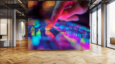 Close-up of a person's hand analyzing interactive financial charts and data on a digital tablet. Wall mural