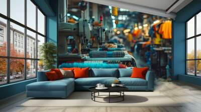 Robotic arms working on a colorful textile production line in a factory, symbolizing industrial automation. Wall mural