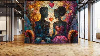 Stained glass, silhouettes of lovers, a moment of love and happiness. The background is full of heart shapes. Wall mural