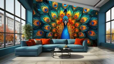 Stained glass art depicts a peacock showing off the colorful patterns and beauty of its feathers. Wall mural