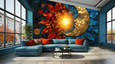 Stained glass window background with colorful Moon and sun abstract.	 Wall mural